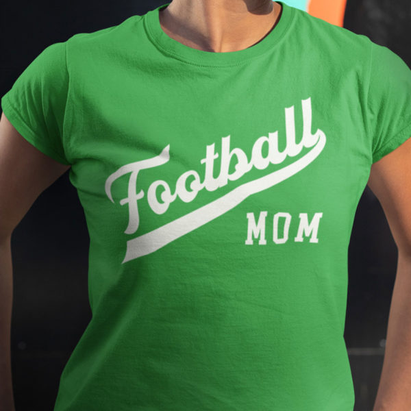 model wearing a green football mom shirt