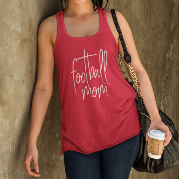 model wearing a red football mom tank top